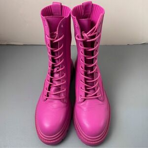 Aldo Hot Pink Leather Knit Sock Combat Boots Lug Sole Womens 8.5 Fuchsia Chunky